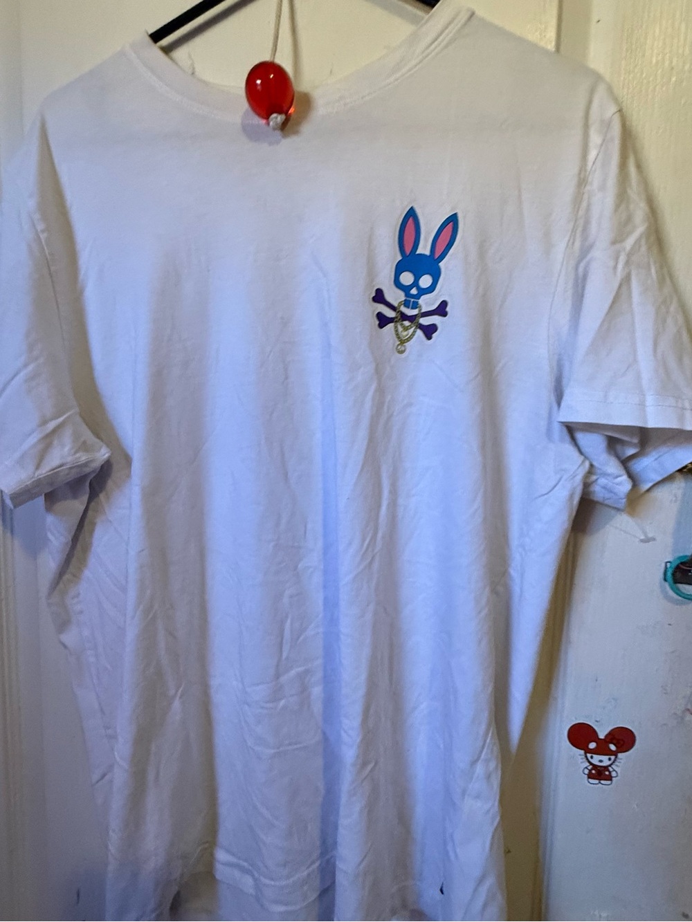 Psycho Bunny White Tee with Blue & Purple Bunny Skull Graphic